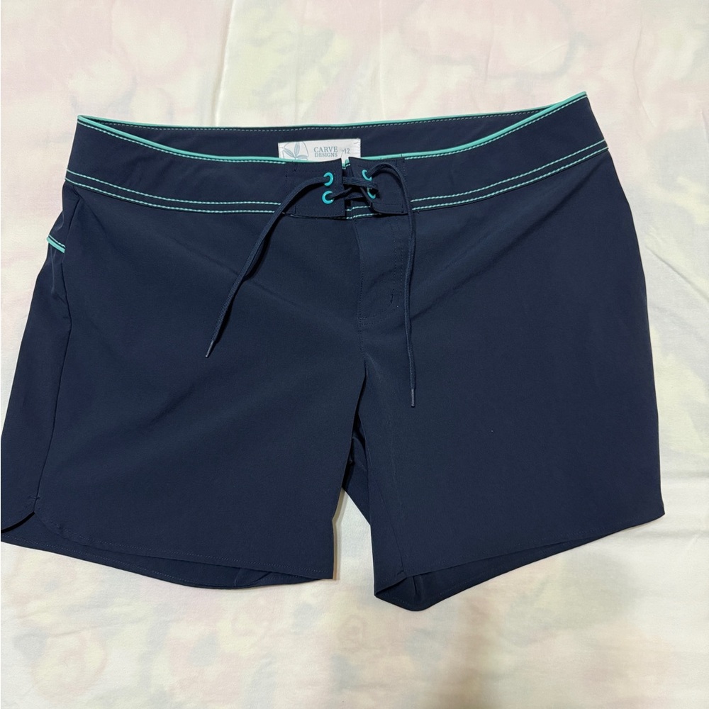 Carve Navy Blue Swim Shorts with Teal Accents Size 12 Like New